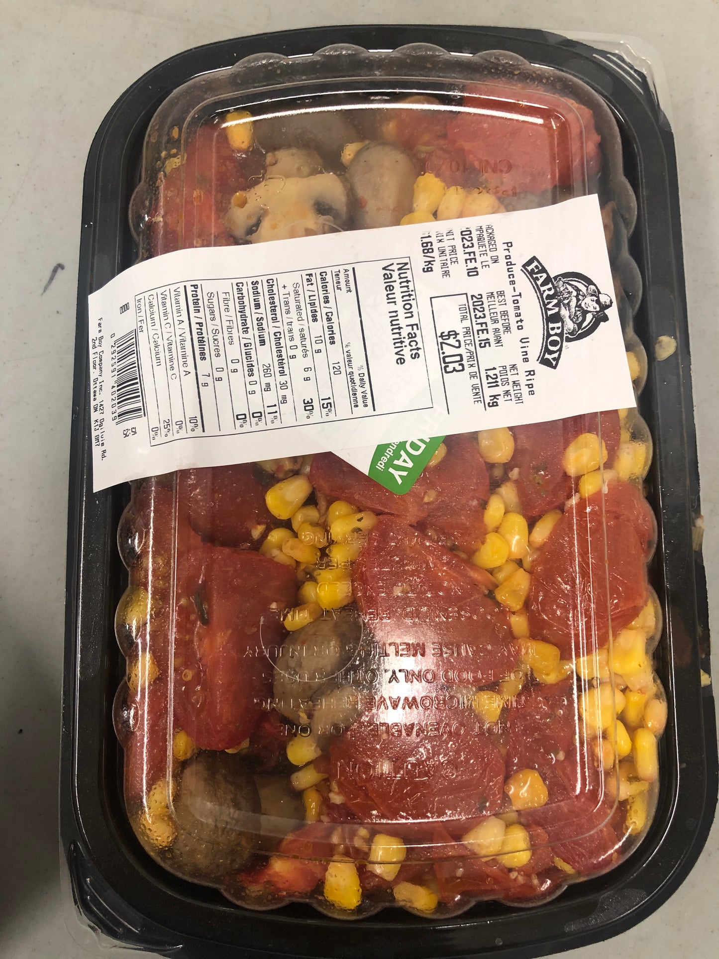 Tomato, corn, mushroom medley, ready to eat tray